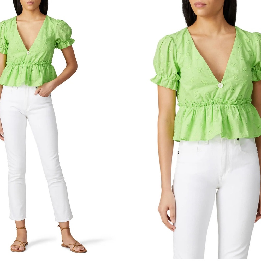 RTR Line + Dot Willow V Neck Eyelet Floral Embroidered Green V Neck Top Sz M